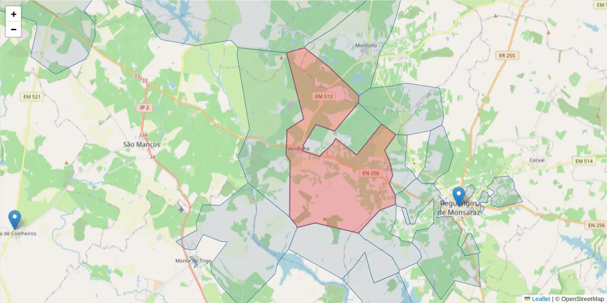 Mapa detalhado do código postal 7200-042 com limites, códigos postais vizinhos e agências dos correios