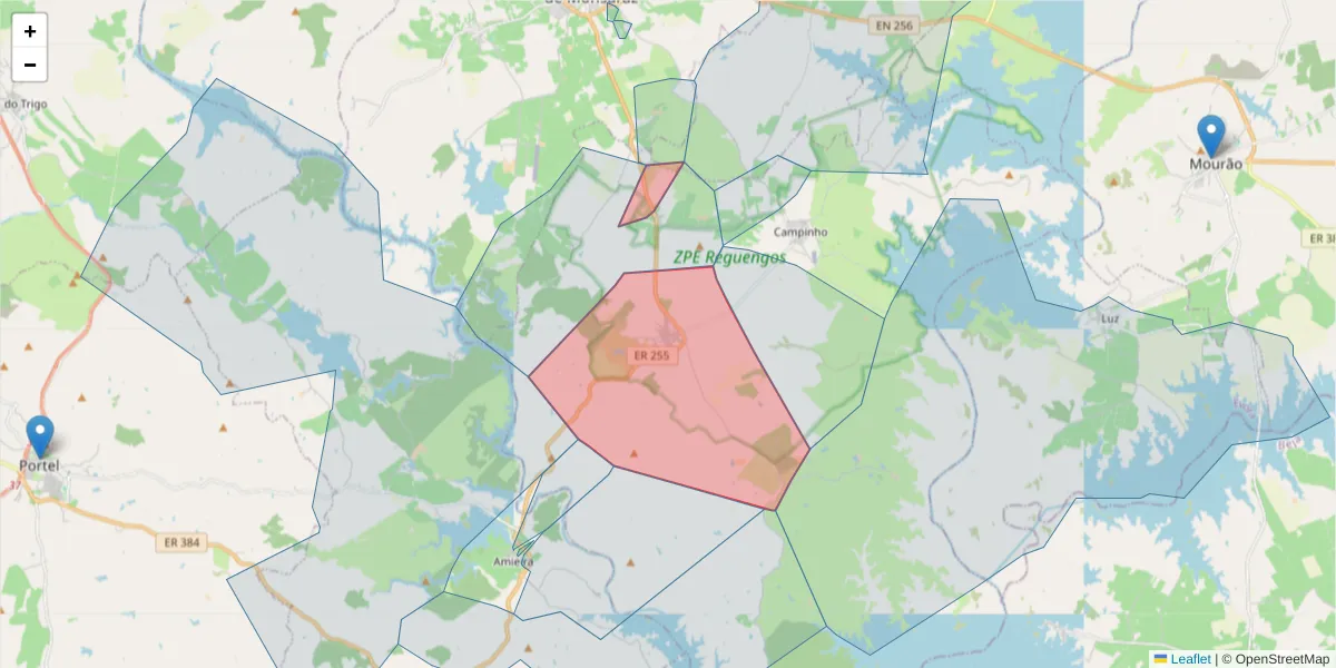 Mapa detalhado do código postal 7200-072 com limites, códigos postais vizinhos e agências dos correios