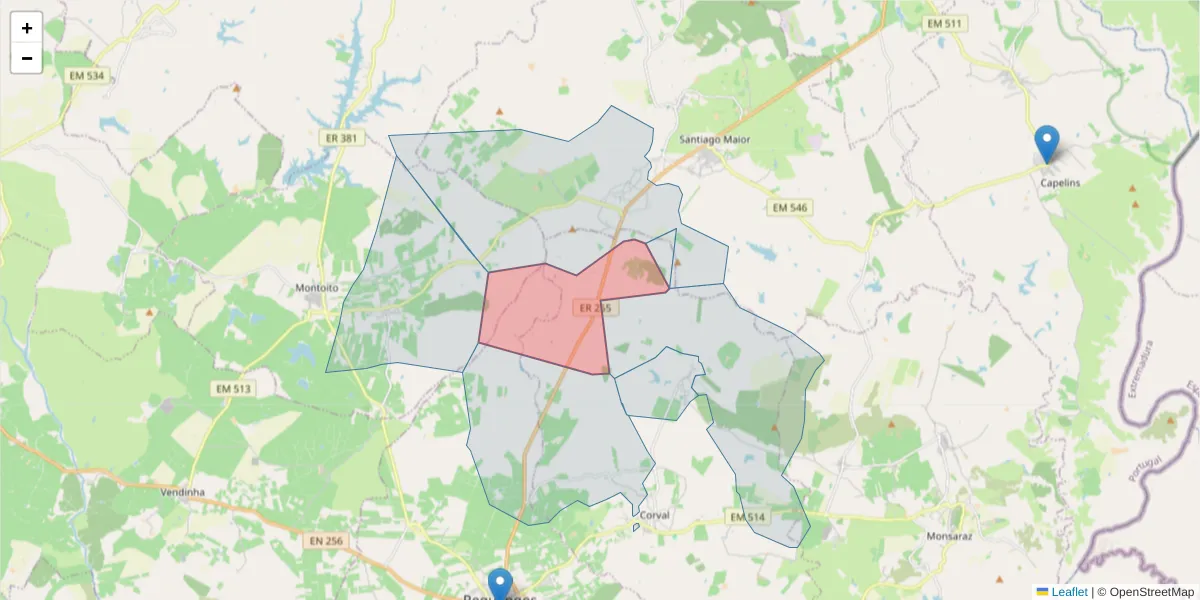 Mapa detalhado do código postal 7200-085 com limites, códigos postais vizinhos e agências dos correios