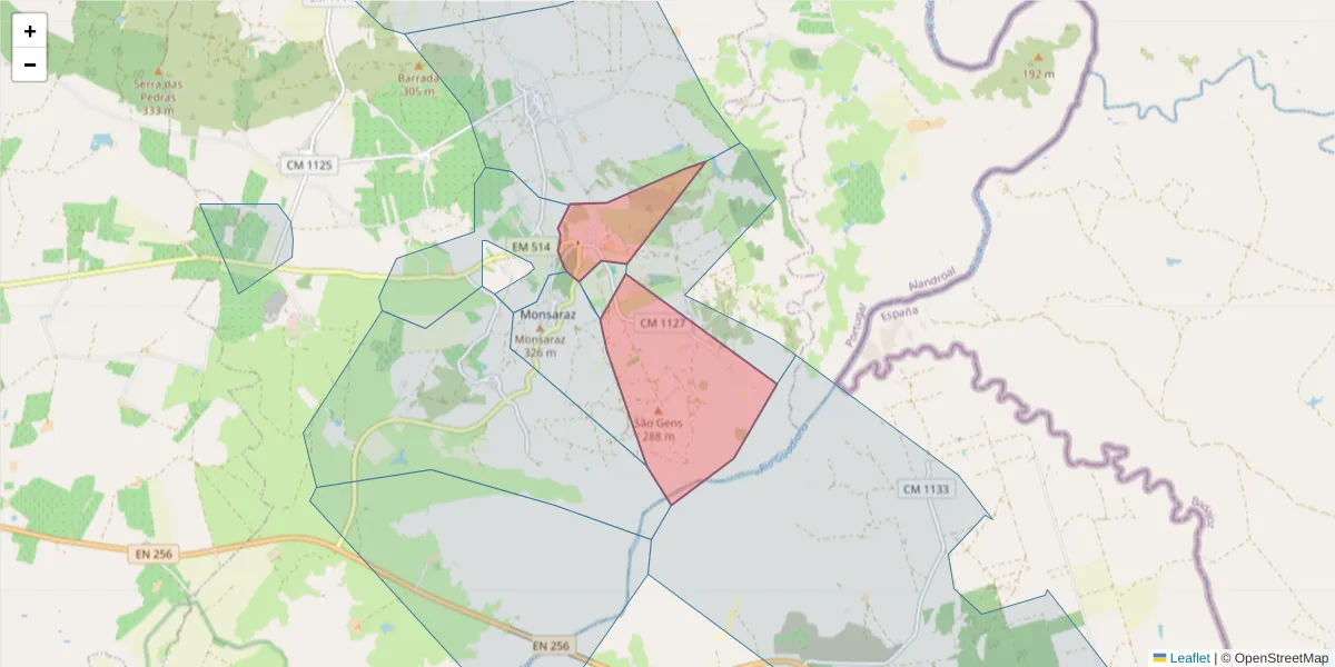 Mapa detalhado do código postal 7200-173 com limites, códigos postais vizinhos e agências dos correios