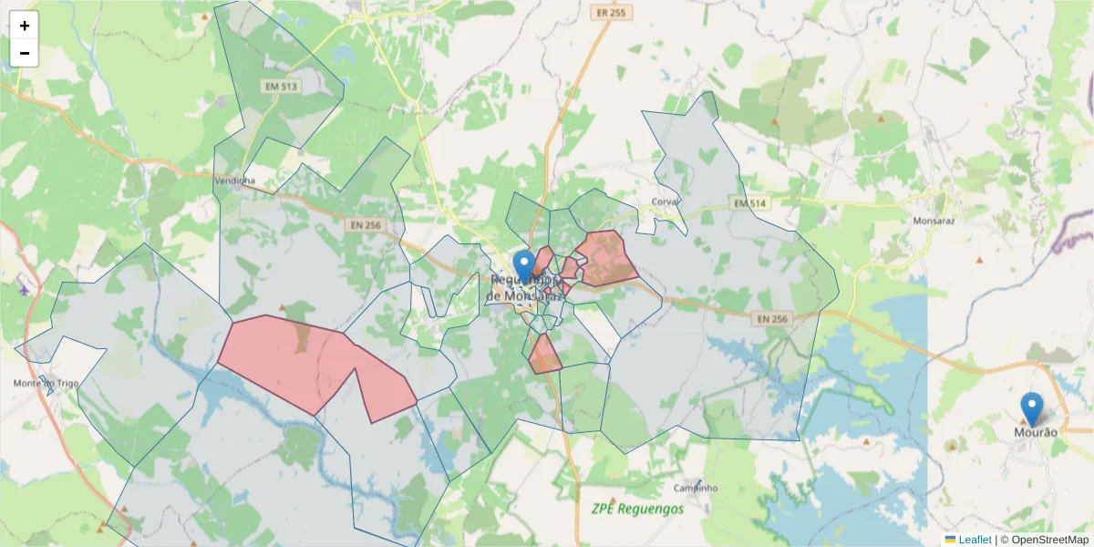 Mapa detalhado do código postal 7200-204 com limites, códigos postais vizinhos e agências dos correios