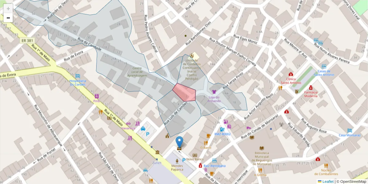 Mapa detalhado do código postal 7200-258 com limites, códigos postais vizinhos e agências dos correios