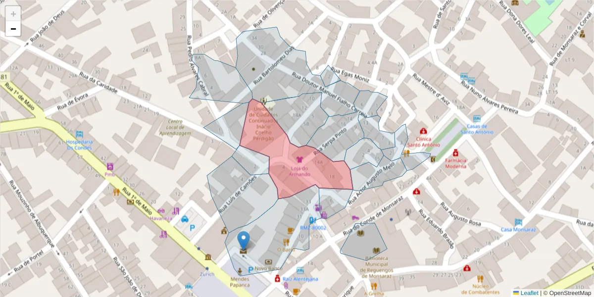 Mapa detalhado do código postal 7200-260 com limites, códigos postais vizinhos e agências dos correios