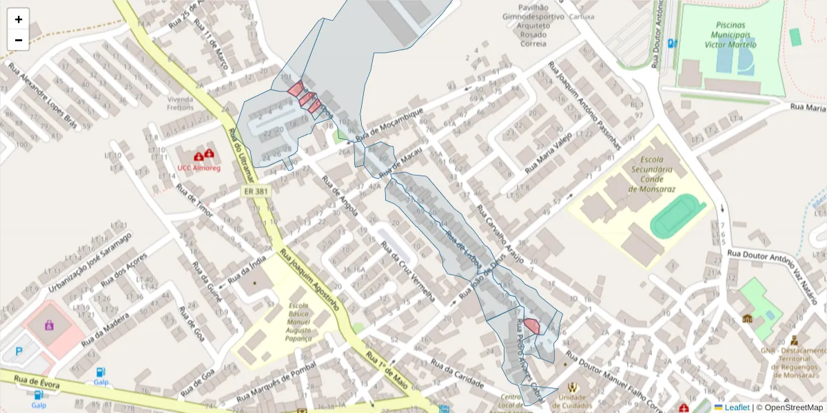 Mapa detalhado do código postal 7200-287 com limites, códigos postais vizinhos e agências dos correios