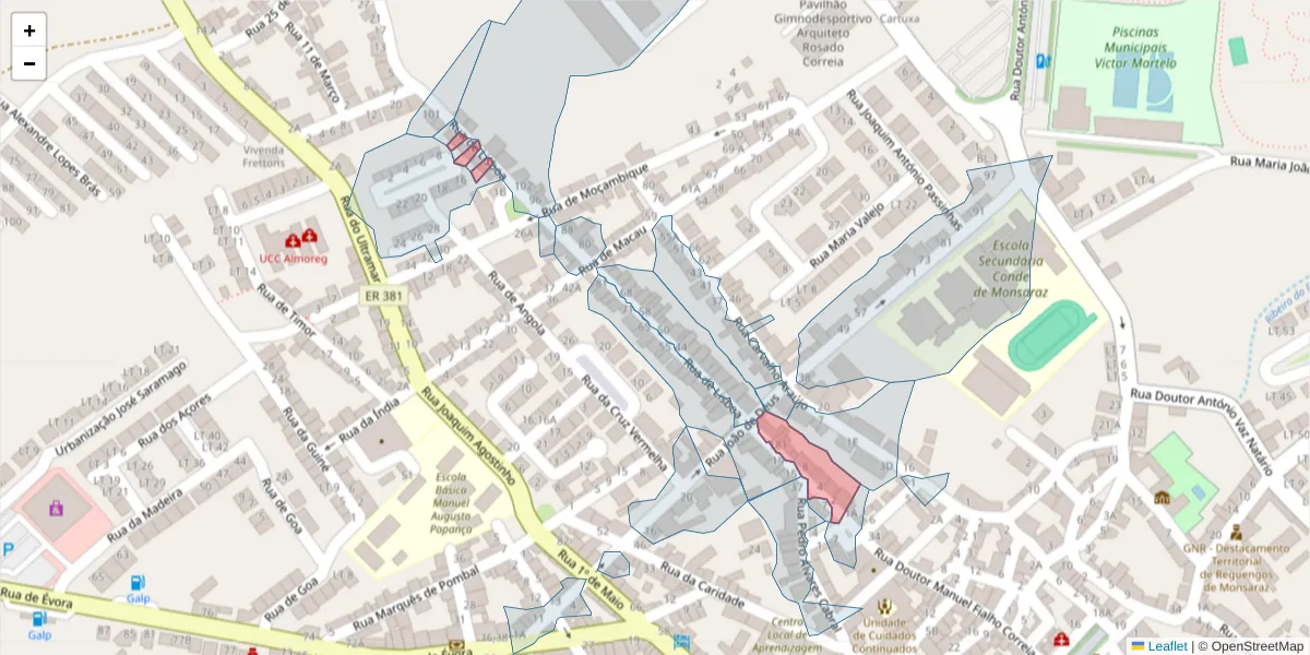 Mapa detalhado do código postal 7200-288 com limites, códigos postais vizinhos e agências dos correios