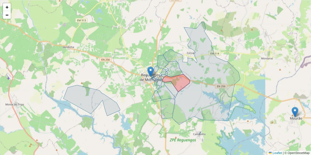 Mapa detalhado do código postal 7200-292 com limites, códigos postais vizinhos e agências dos correios