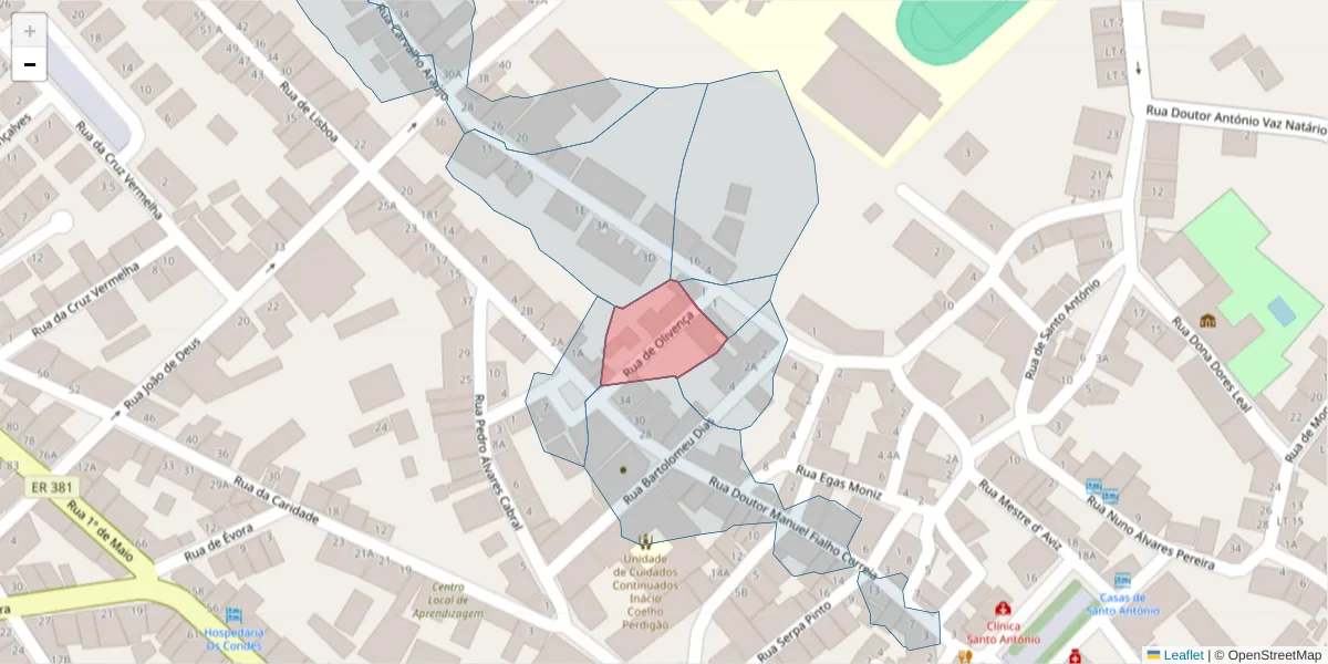Mapa detalhado do código postal 7200-295 com limites, códigos postais vizinhos e agências dos correios