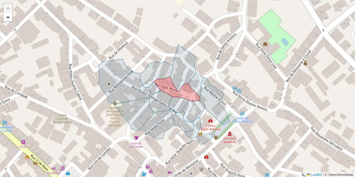 Mapa detalhado do código postal 7200-308 com limites, códigos postais vizinhos e agências dos correios