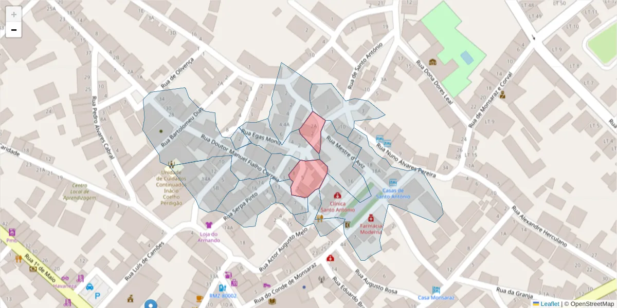 Mapa detalhado do código postal 7200-309 com limites, códigos postais vizinhos e agências dos correios
