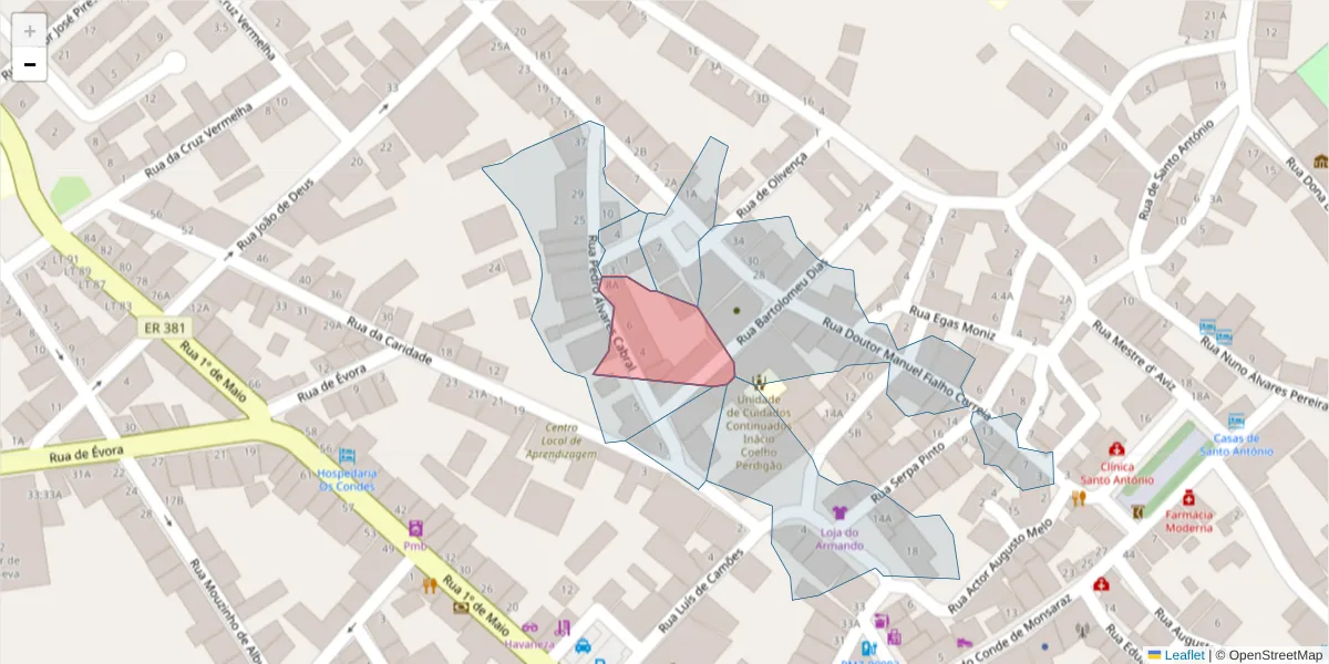 Mapa detalhado do código postal 7200-316 com limites, códigos postais vizinhos e agências dos correios