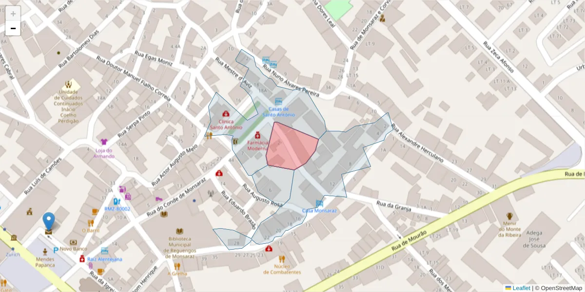 Mapa detalhado do código postal 7200-321 com limites, códigos postais vizinhos e agências dos correios