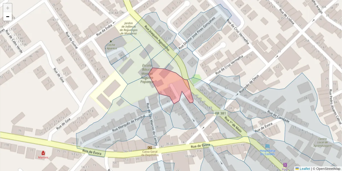 Mapa detalhado do código postal 7200-332 com limites, códigos postais vizinhos e agências dos correios