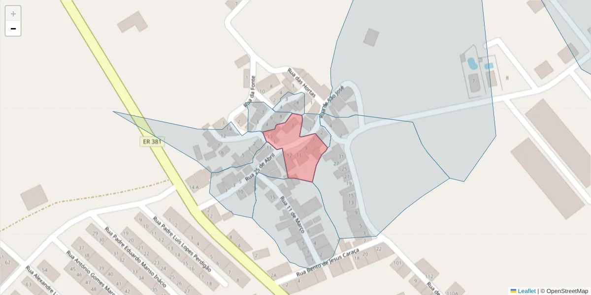 Mapa detalhado do código postal 7200-333 com limites, códigos postais vizinhos e agências dos correios