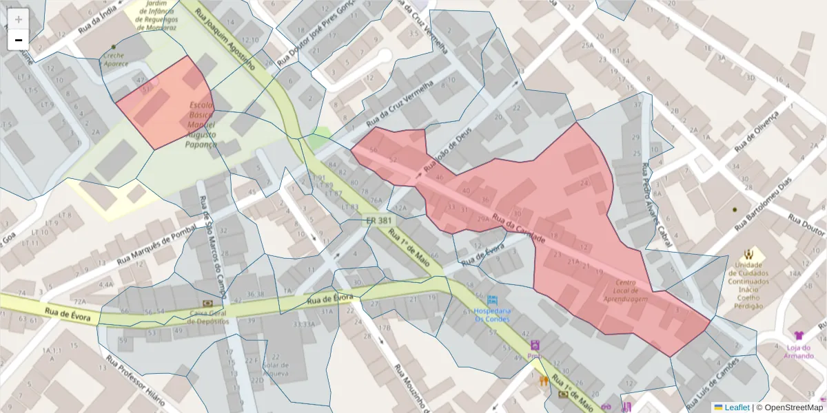 Mapa detalhado do código postal 7200-339 com limites, códigos postais vizinhos e agências dos correios