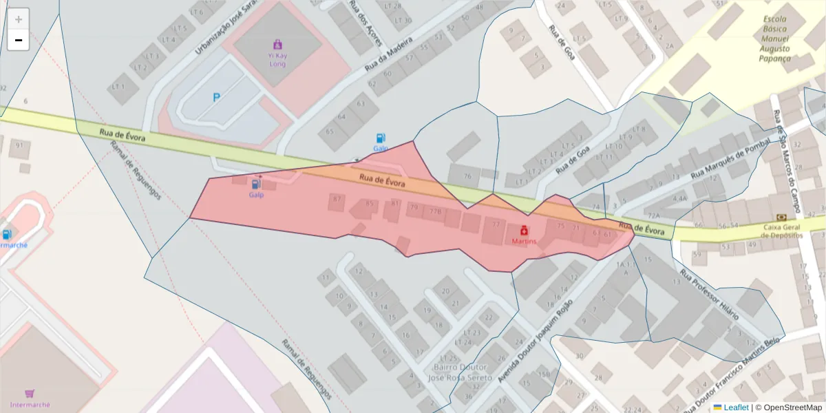 Mapa detalhado do código postal 7200-349 com limites, códigos postais vizinhos e agências dos correios