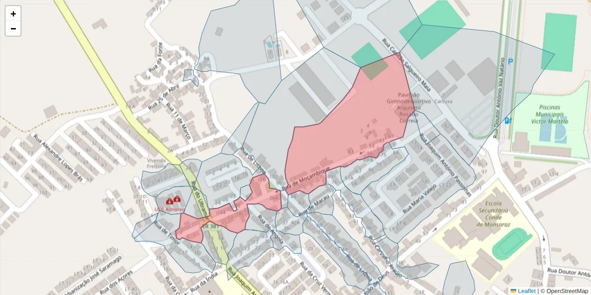 Mapa detalhado do código postal 7200-351 com limites, códigos postais vizinhos e agências dos correios