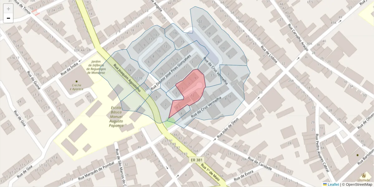 Mapa detalhado do código postal 7200-359 com limites, códigos postais vizinhos e agências dos correios