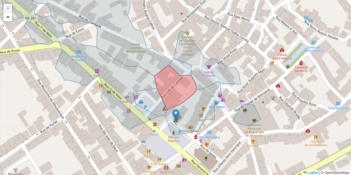 Mapa detalhado do código postal 7200-360 com limites, códigos postais vizinhos e agências dos correios