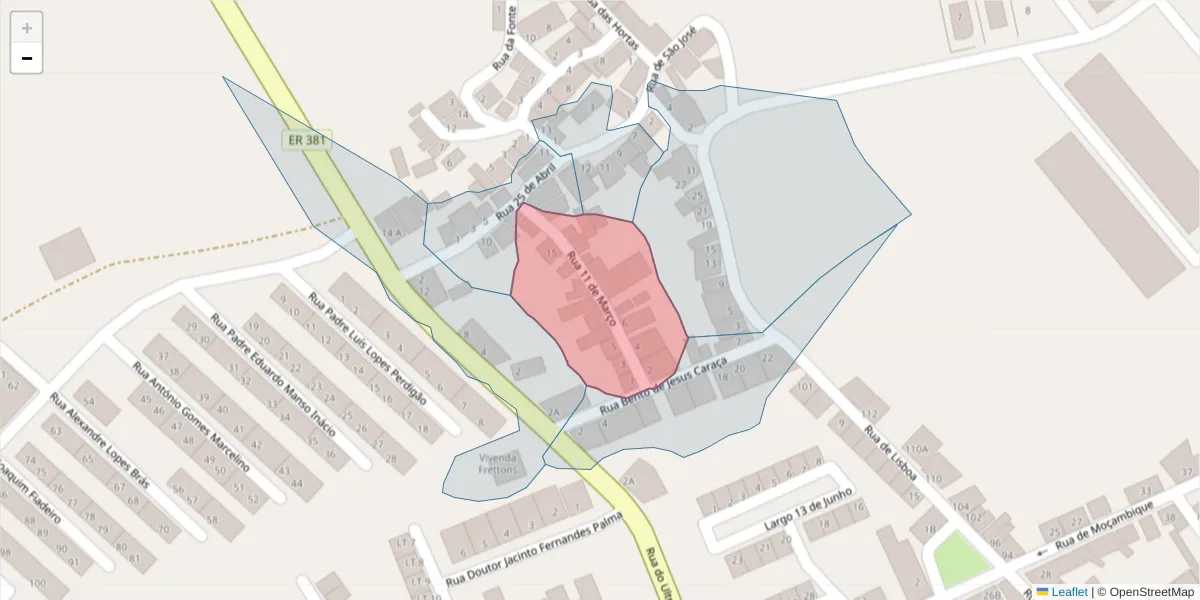 Mapa detalhado do código postal 7200-361 com limites, códigos postais vizinhos e agências dos correios