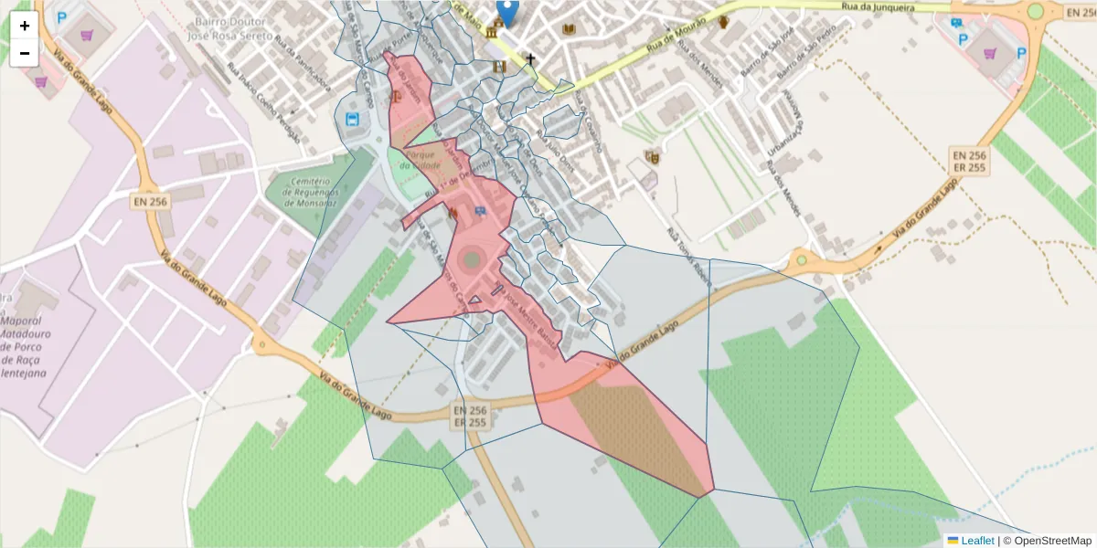 Mapa detalhado do código postal 7200-368 com limites, códigos postais vizinhos e agências dos correios