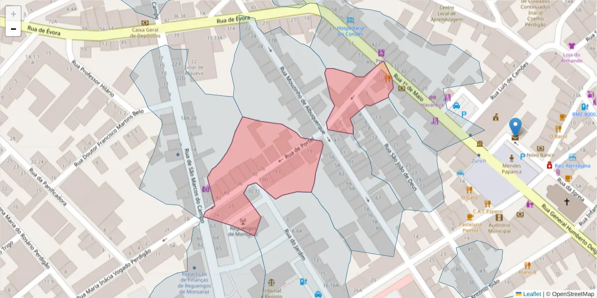 Mapa detalhado do código postal 7200-375 com limites, códigos postais vizinhos e agências dos correios