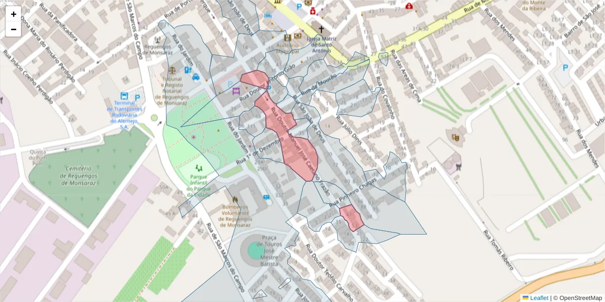 Mapa detalhado do código postal 7200-381 com limites, códigos postais vizinhos e agências dos correios