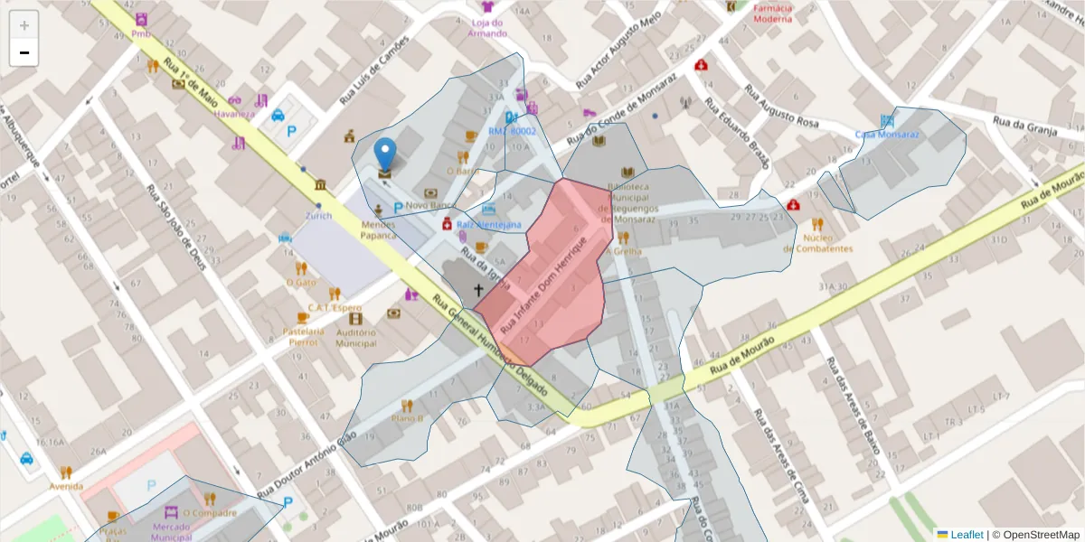 Mapa detalhado do código postal 7200-385 com limites, códigos postais vizinhos e agências dos correios