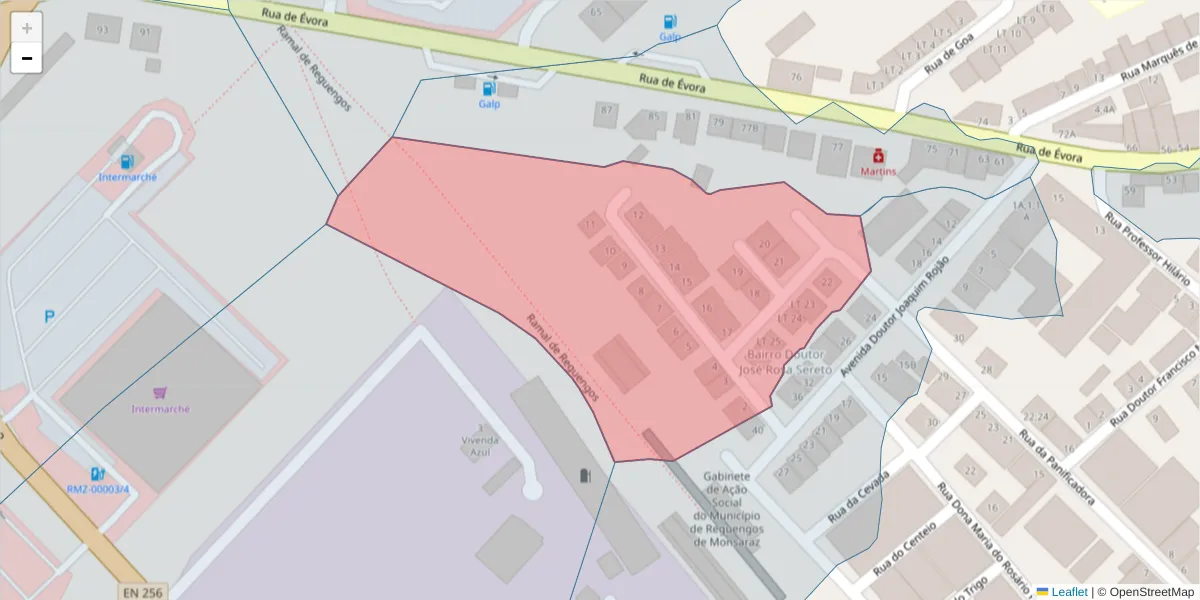 Mapa detalhado do código postal 7200-398 com limites, códigos postais vizinhos e agências dos correios