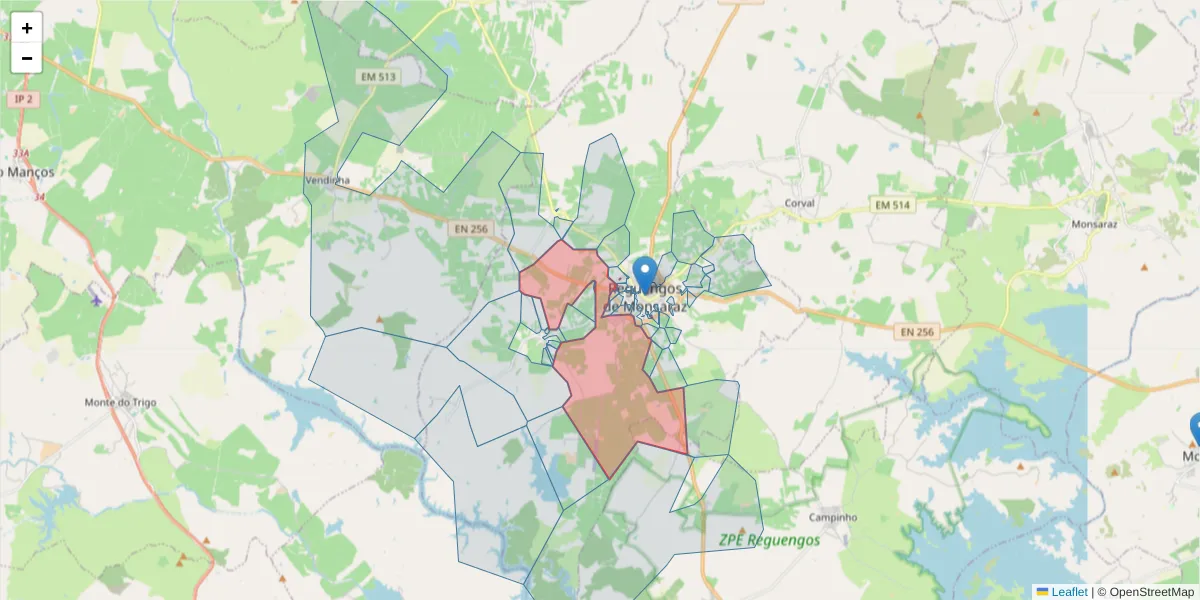 Mapa detalhado do código postal 7200-399 com limites, códigos postais vizinhos e agências dos correios