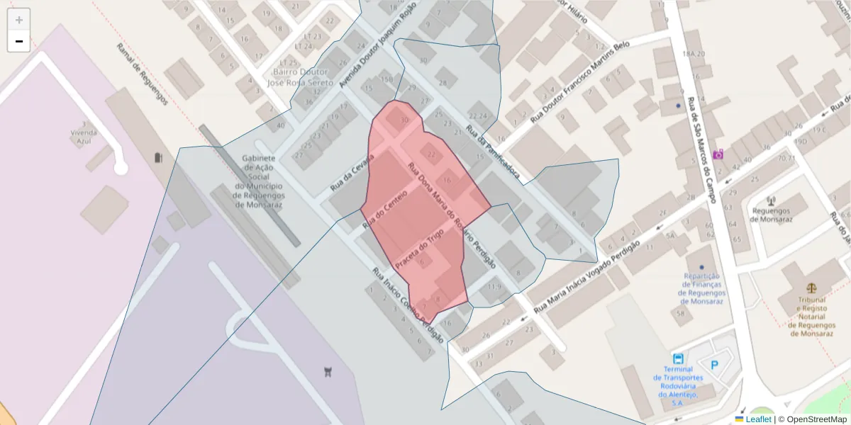 Mapa detalhado do código postal 7200-402 com limites, códigos postais vizinhos e agências dos correios