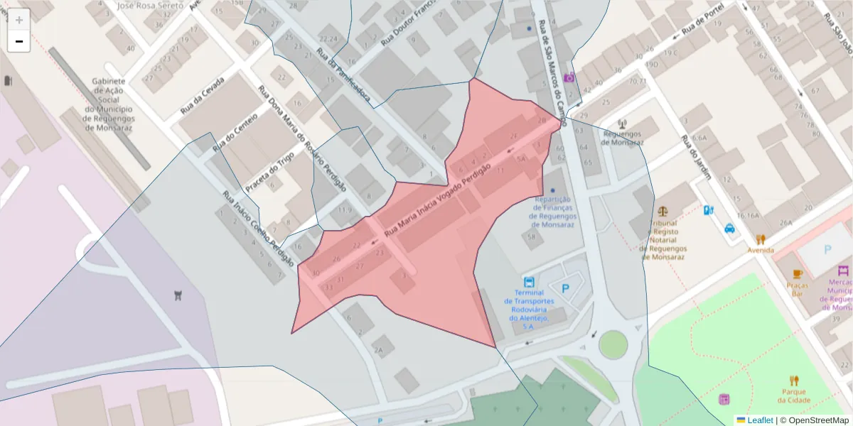 Mapa detalhado do código postal 7200-405 com limites, códigos postais vizinhos e agências dos correios