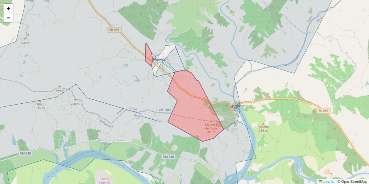 Mapa detalhado do código postal 7220-021 com limites, códigos postais vizinhos e agências dos correios