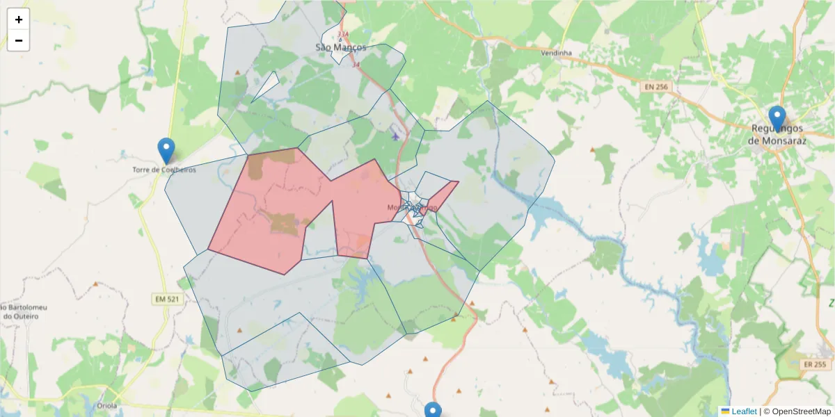 Mapa detalhado do código postal 7220-221 com limites, códigos postais vizinhos e agências dos correios