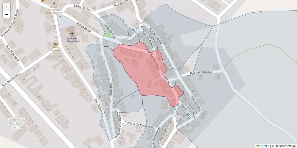 Mapa detalhado do código postal 7220-227 com limites, códigos postais vizinhos e agências dos correios
