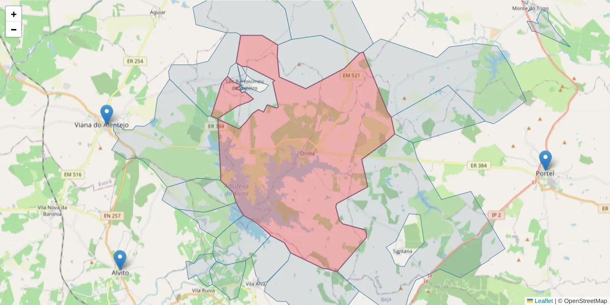 Mapa detalhado do código postal 7220-301 com limites, códigos postais vizinhos e agências dos correios