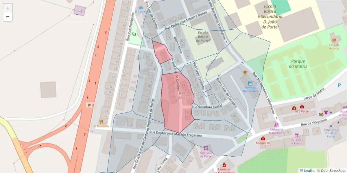 Mapa detalhado do código postal 7220-357 com limites, códigos postais vizinhos e agências dos correios