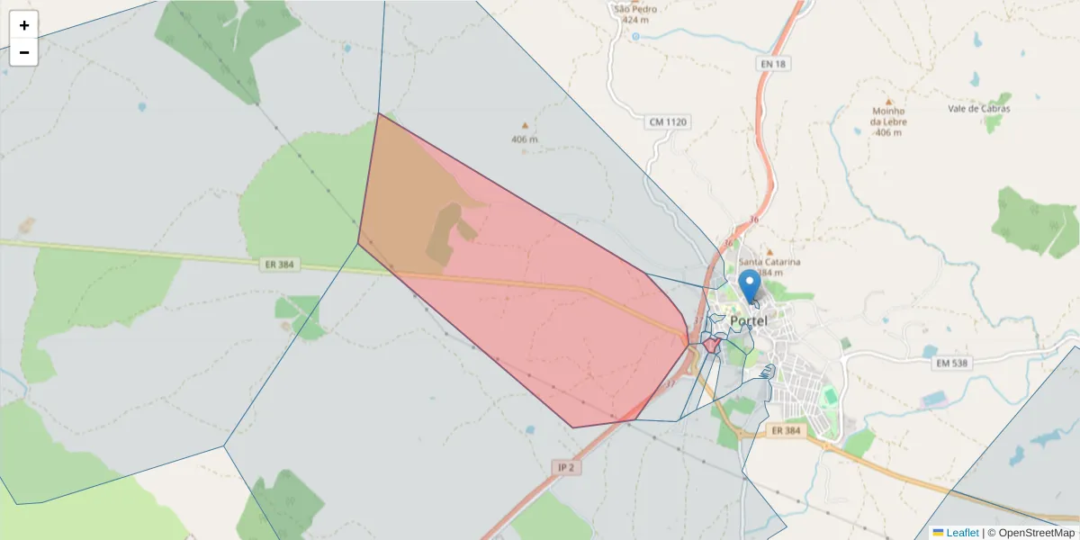 Mapa detalhado do código postal 7220-358 com limites, códigos postais vizinhos e agências dos correios