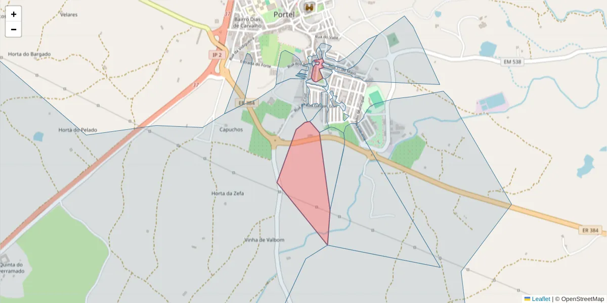 Mapa detalhado do código postal 7220-372 com limites, códigos postais vizinhos e agências dos correios