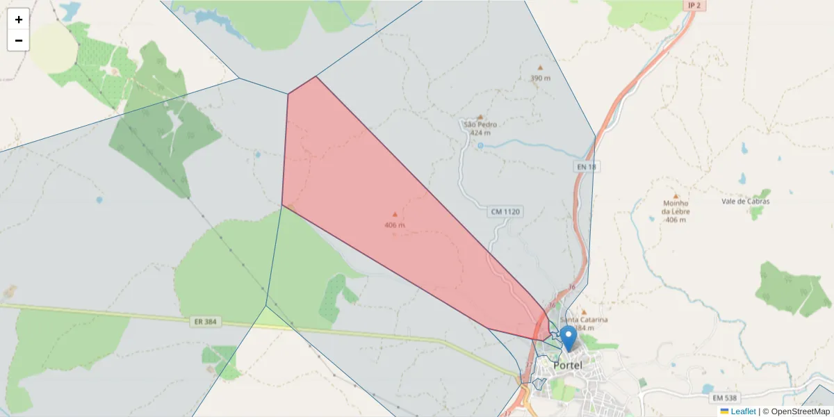 Mapa detalhado do código postal 7220-383 com limites, códigos postais vizinhos e agências dos correios