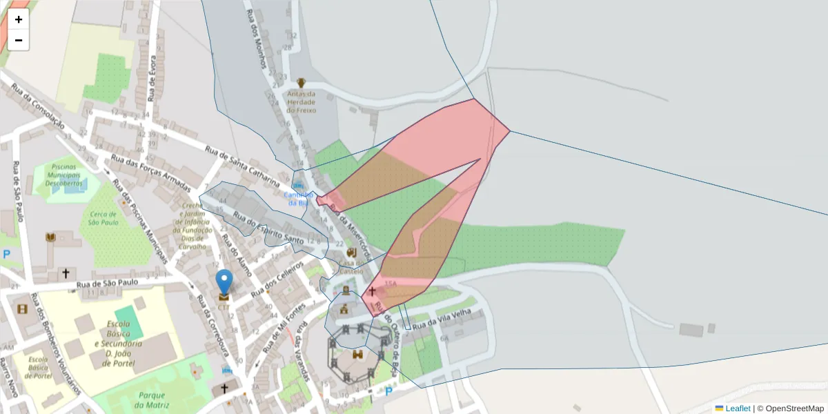 Mapa detalhado do código postal 7220-387 com limites, códigos postais vizinhos e agências dos correios