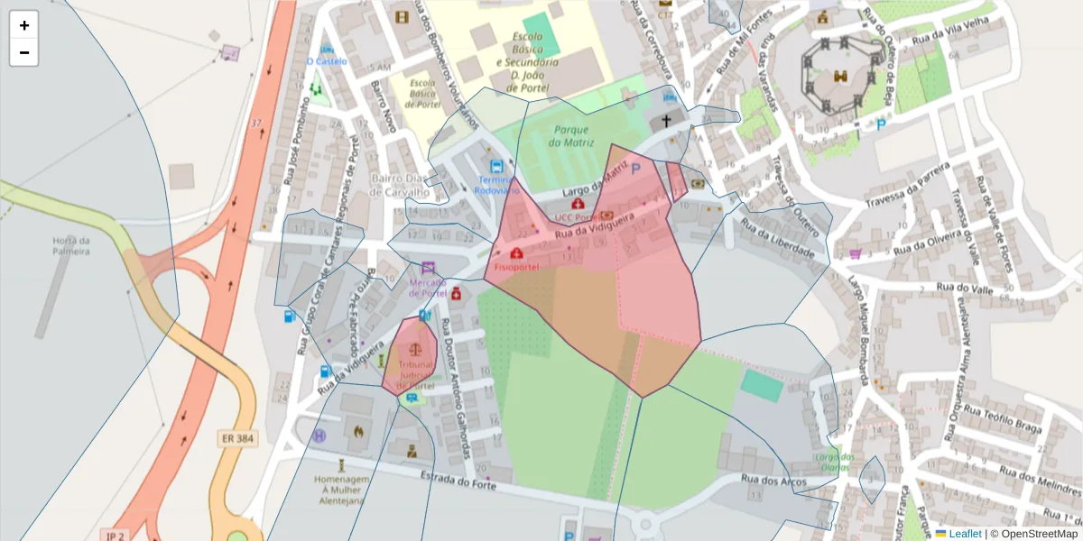 Mapa detalhado do código postal 7220-390 com limites, códigos postais vizinhos e agências dos correios