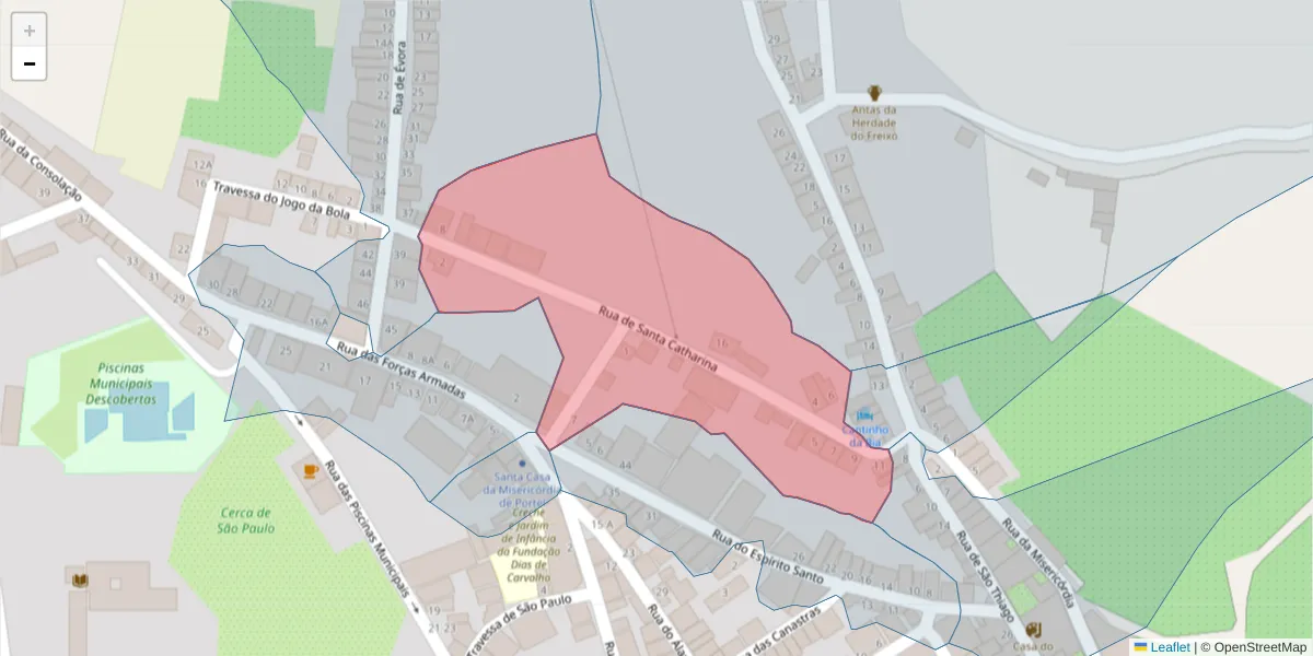 Mapa detalhado do código postal 7220-399 com limites, códigos postais vizinhos e agências dos correios