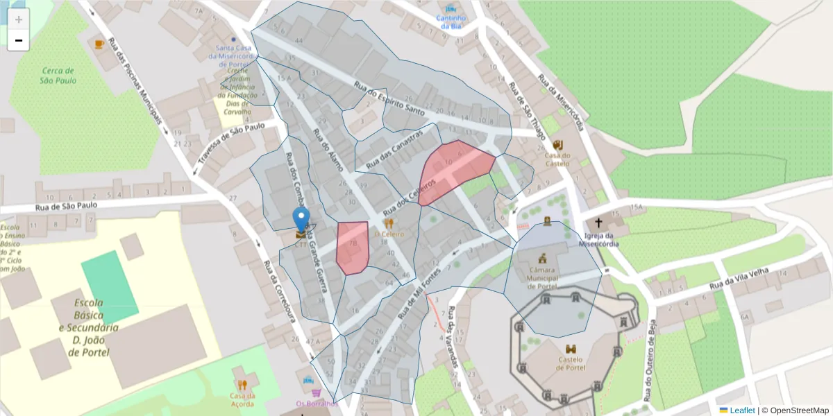 Mapa detalhado do código postal 7220-404 com limites, códigos postais vizinhos e agências dos correios