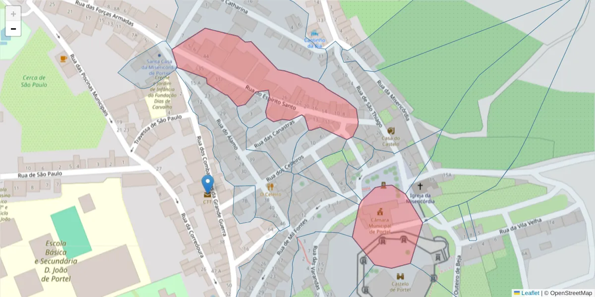 Mapa detalhado do código postal 7220-405 com limites, códigos postais vizinhos e agências dos correios