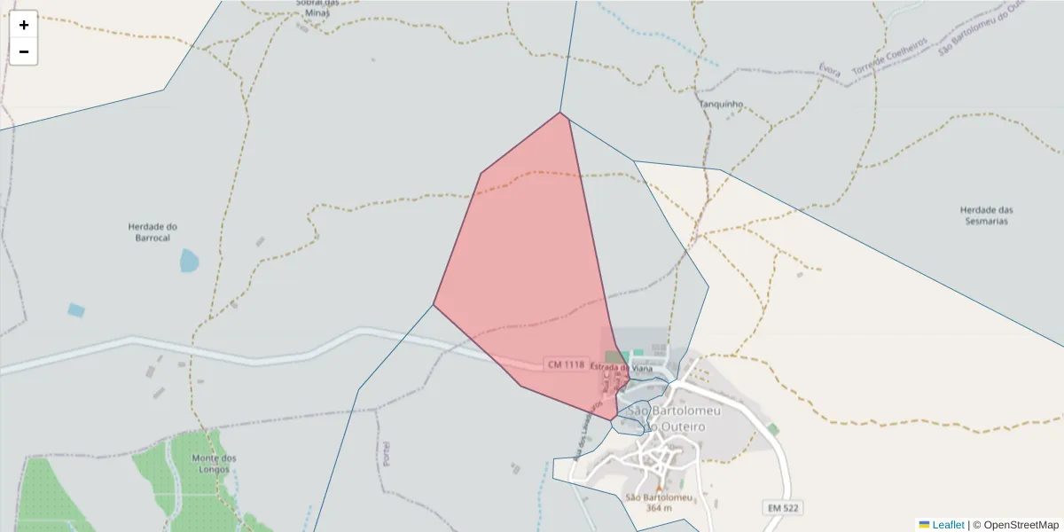 Mapa detalhado do código postal 7220-522 com limites, códigos postais vizinhos e agências dos correios