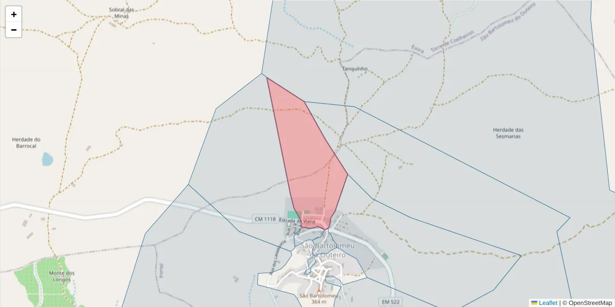 Mapa detalhado do código postal 7220-524 com limites, códigos postais vizinhos e agências dos correios