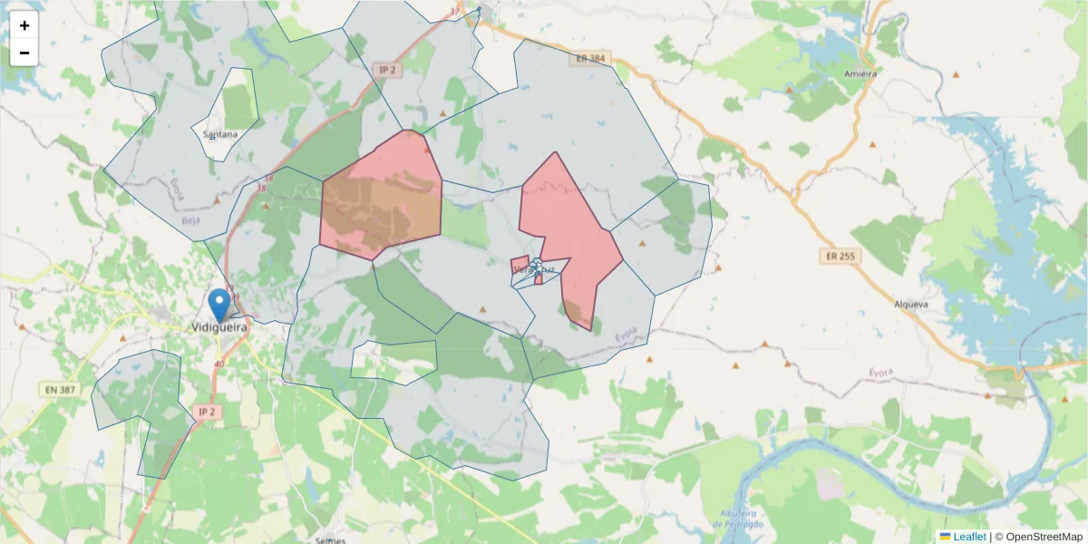 Mapa detalhado do código postal 7220-566 com limites, códigos postais vizinhos e agências dos correios