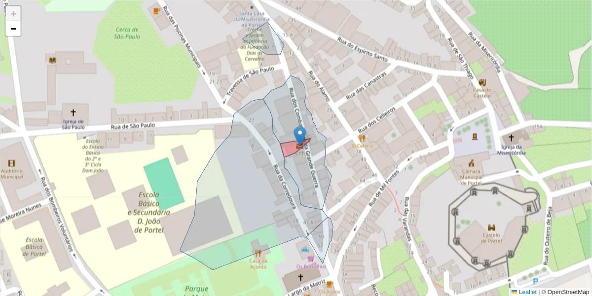 Mapa detalhado do código postal 7220-998 com limites, códigos postais vizinhos e agências dos correios