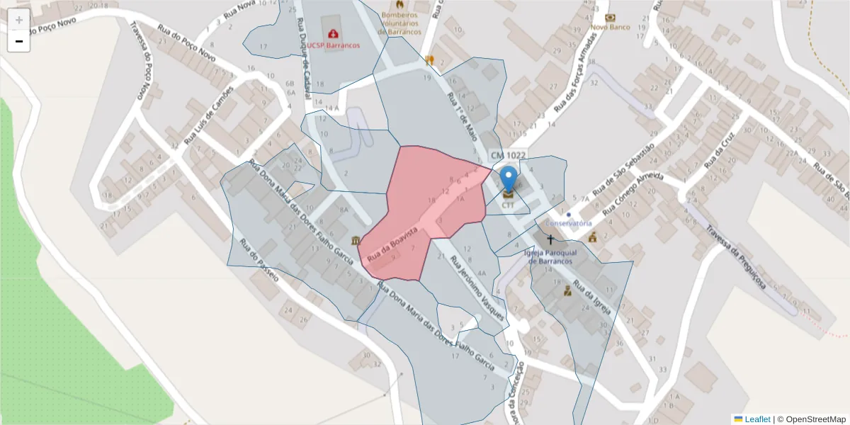 Mapa detalhado do código postal 7230-004 com limites, códigos postais vizinhos e agências dos correios