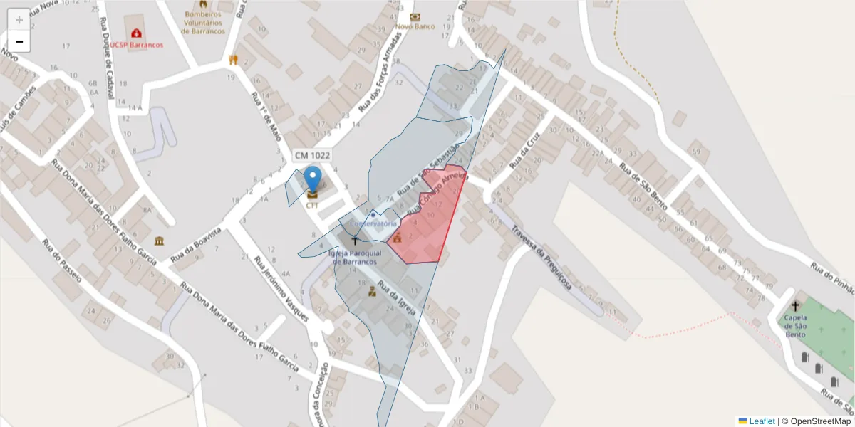 Mapa detalhado do código postal 7230-005 com limites, códigos postais vizinhos e agências dos correios
